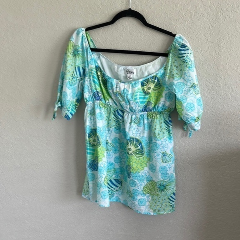 Lilly Pulitzer Vintage Sea Shell Beachy Babydoll Tie Sleeves Blouse